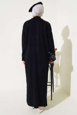 Fitilli Fermuarlı Düz Triko Elbise Siyah - Tesettür Elbise