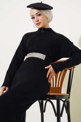 Fitilli Fermuarlı Düz Triko Elbise Siyah - Tesettür Elbise