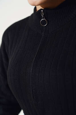 Fitilli Fermuarlı Düz Triko Elbise Siyah - Tesettür Elbise