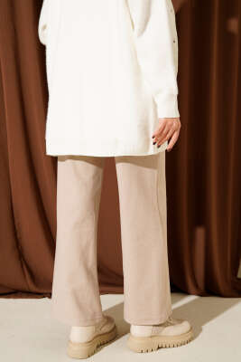 Fitilli Geniş Paça Kaşe Pantolon Bej - Pantolon