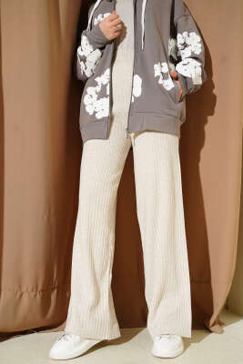 Fitilli Geniş Paça Triko Pantolon Bej - VAV TEKSTİL