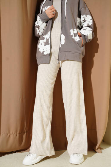 Fitilli Geniş Paça Triko Pantolon Bej - Pantolon