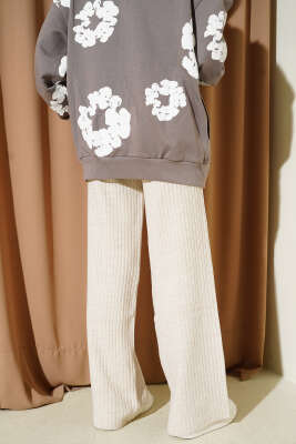 Fitilli Geniş Paça Triko Pantolon Bej - Pantolon