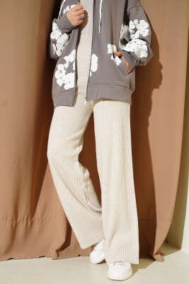 Fitilli Geniş Paça Triko Pantolon Bej - Yılın Fırsatı