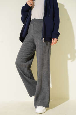 Fitilli Geniş Paça Triko Pantolon Füme - Pantolon