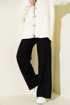 Fitilli Geniş Paça Triko Pantolon Siyah - VAV TEKSTİL