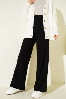 Fitilli Geniş Paça Triko Pantolon Siyah - Pantolon