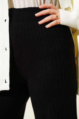 Fitilli Geniş Paça Triko Pantolon Siyah - Pantolon