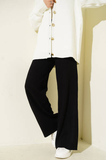 Fitilli Geniş Paça Triko Pantolon Siyah - Yılın Fırsatı