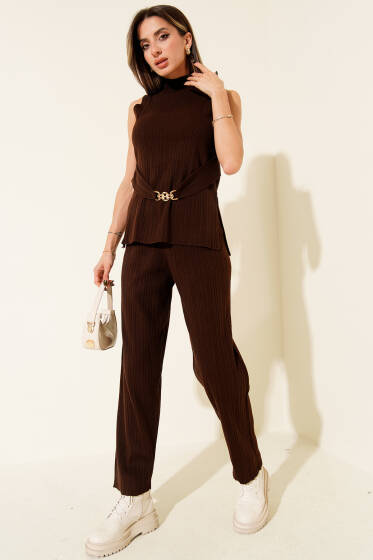 Fitilli Gold Broş Detaylı Triko İkili Takım Acı Kahve - Kadın Giyim Modelleri