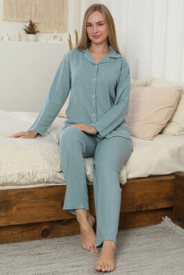 Fitilli Gömlek Yaka Pijama Takımı Çağla Yeşili 