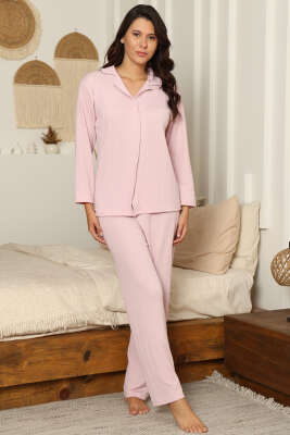 Fitilli Gömlek Yaka Pijama Takımı Pembe 