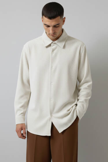 Fitilli Kadife Erkek Gömlek Ekru - Erkek Gömlek