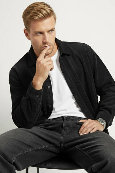 Fitilli Kadife Erkek Gömlek Siyah - Erkek Gömlek