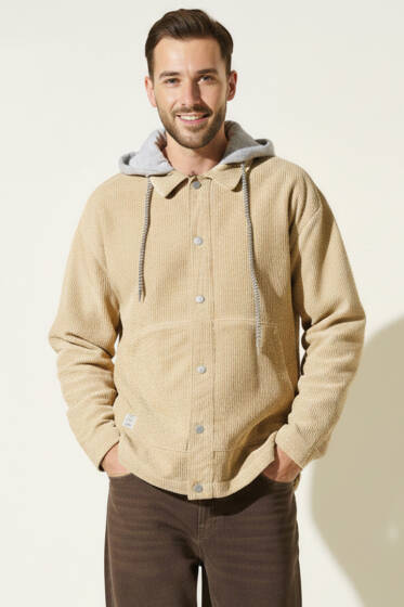 Fitilli Kadife Kapüşonlu Erkek Ceket Bej - Erkek Ceket