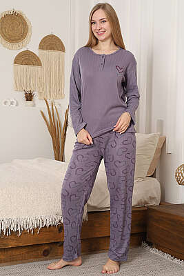 Fitilli Kalp Nakışlı Uzun Kol Pijama Takımı Leylak - GLİSA