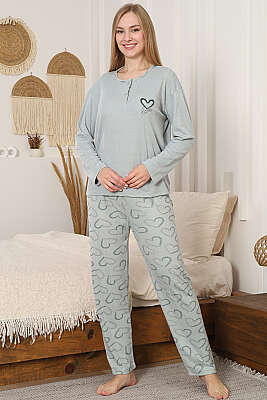 Fitilli Kalp Nakışlı Uzun Kol Pijama Takımı Mint - GLİSA