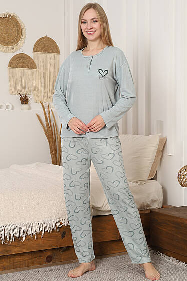 Fitilli Kalp Nakışlı Uzun Kol Pijama Takımı Mint - Pijama