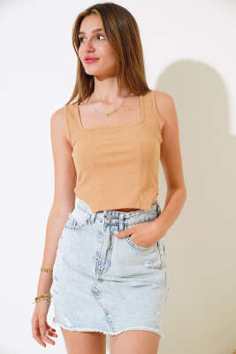Fitilli Kaşkorse Crop Camel - Kadın Giyim Modelleri