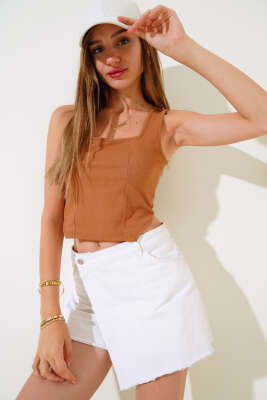 Fitilli Kaşkorse Crop Taba - Kadın Giyim Modelleri