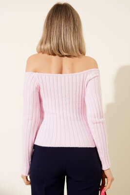 Fitilli Kayık Yaka Triko Bluz Pembe - Kadın Giyim Modelleri