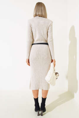 Fitilli Kemerli Triko Midi Elbise Bej - Kadın Giyim Modelleri