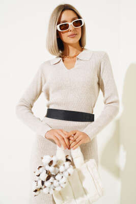 Fitilli Kemerli Triko Midi Elbise Bej - Kadın Giyim Modelleri