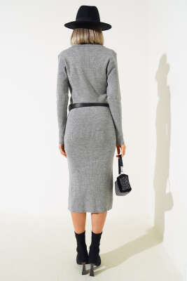 Fitilli Kemerli Triko Midi Elbise Gri - Kadın Giyim Modelleri