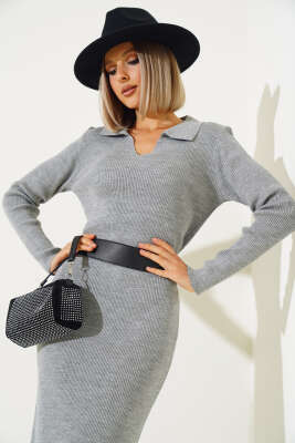 Fitilli Kemerli Triko Midi Elbise Gri - Kadın Giyim Modelleri