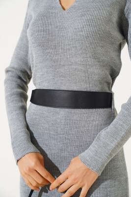 Fitilli Kemerli Triko Midi Elbise Gri - Kadın Giyim Modelleri