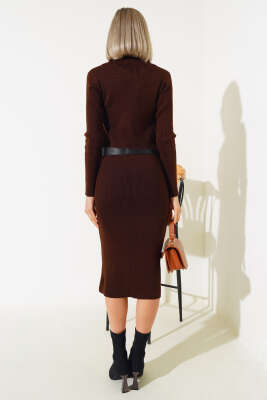 Fitilli Kemerli Triko Midi Elbise Kahve - Kadın Giyim Modelleri