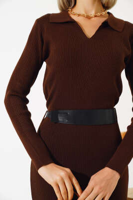 Fitilli Kemerli Triko Midi Elbise Kahve - Kadın Giyim Modelleri