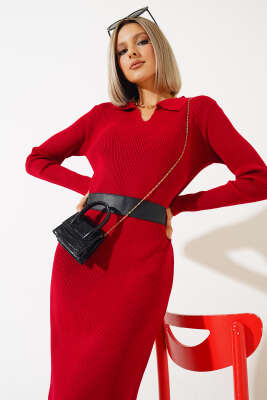 Fitilli Kemerli Triko Midi Elbise Kırmızı - Kadın Giyim Modelleri