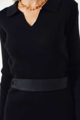 Fitilli Kemerli Triko Midi Elbise Siyah - Kadın Giyim Modelleri