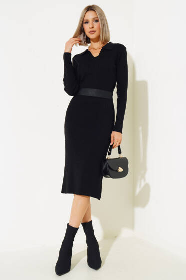 Fitilli Kemerli Triko Midi Elbise Siyah - Kadın Giyim Modelleri