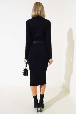 Fitilli Kemerli Triko Midi Elbise Siyah - Kadın Giyim Modelleri