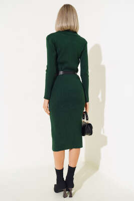 Fitilli Kemerli Triko Midi Elbise Zümrüt - Kadın Giyim Modelleri