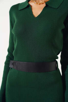 Fitilli Kemerli Triko Midi Elbise Zümrüt - Kadın Giyim Modelleri