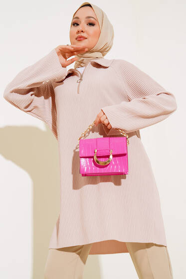 Fitilli Klasik Yaka Tunik Bej - Tunik