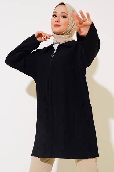 Fitilli Klasik Yaka Tunik Siyah - Tunik
