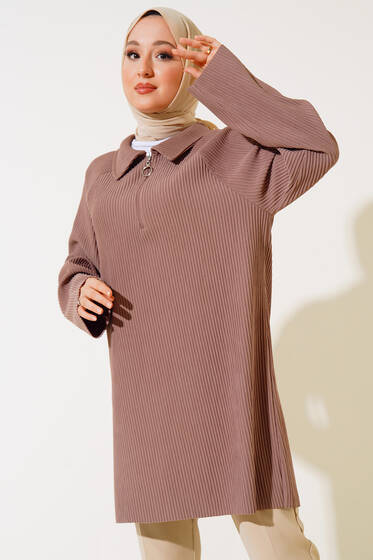 Fitilli Klasik Yaka Tunik Vizon - Tunik