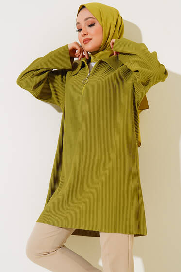 Fitilli Klasik Yaka Tunik Yağ Yeşili - Tunik