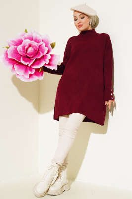 Fitilli Kol Düğme Detaylı Triko Tunik Bordo - Triko Tunik