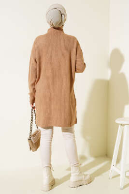 Fitilli Kol Düğme Detaylı Triko Tunik Büsküvi - Triko Tunik
