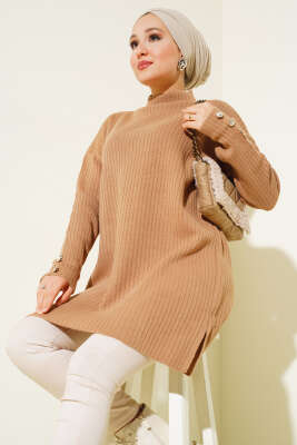 Fitilli Kol Düğme Detaylı Triko Tunik Büsküvi - Triko Tunik