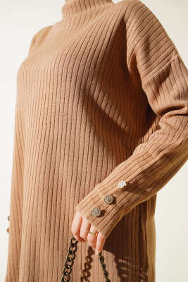 Fitilli Kol Düğme Detaylı Triko Tunik Büsküvi - Triko Tunik