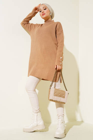 Fitilli Kol Düğme Detaylı Triko Tunik Büsküvi - Tunik