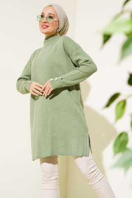 Fitilli Kol Düğme Detaylı Triko Tunik Çağla Yeşili - Triko Tunik