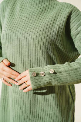 Fitilli Kol Düğme Detaylı Triko Tunik Çağla Yeşili - Triko Tunik