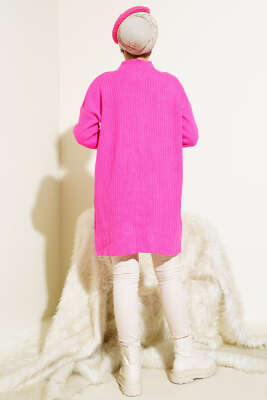 Fitilli Kol Düğme Detaylı Triko Tunik Fuşya - Triko Tunik